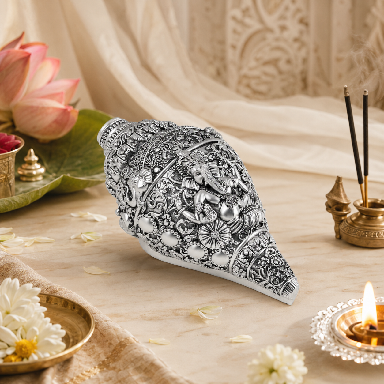 Ganesh Shank Medium Silver Idol