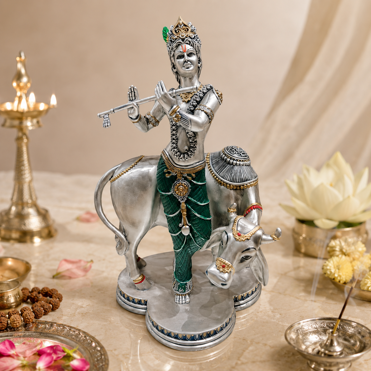 Shree Krishna Govardhan Gopal Silver Idol with Cow
