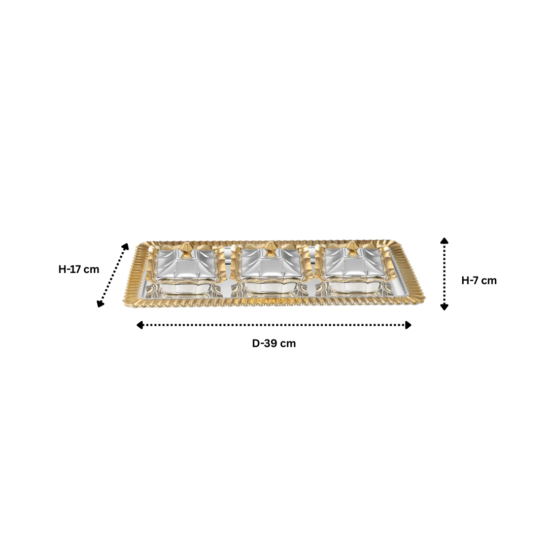 Set Of 3 Wavy Design Bowl With Diamond Tray Dual Tone