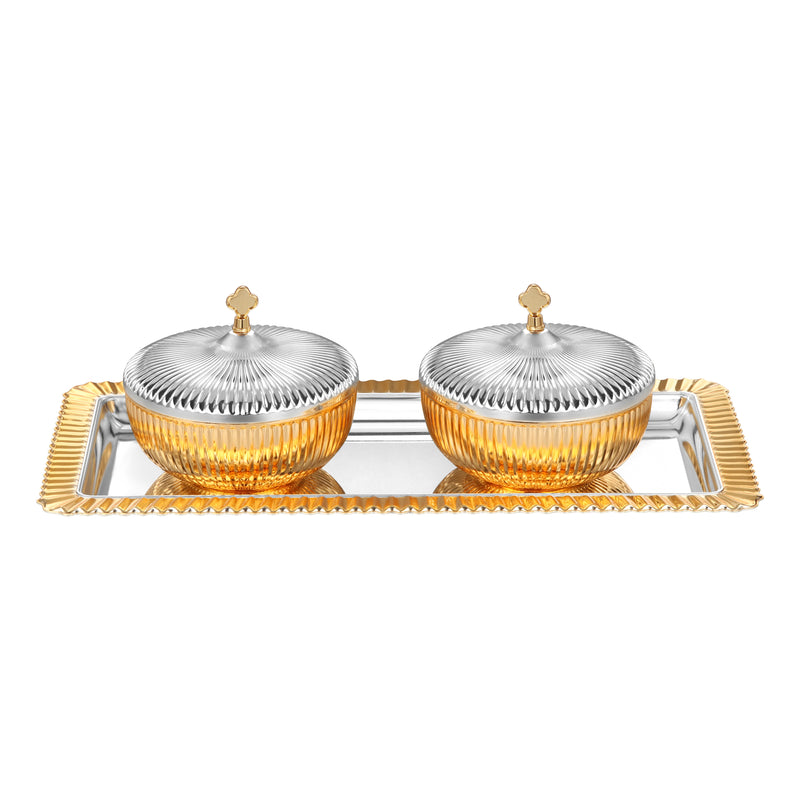 Set of 2 Fluted Round Design Bowl with Strip Tray Medium