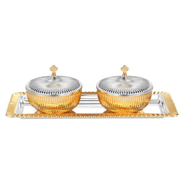 Set of 2 Fluted Round Design Bowl with Strip Tray Medium