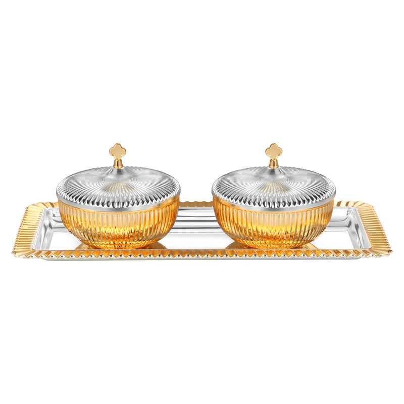 Set of 2 Fluted Round Design Bowl with Strip Tray Medium