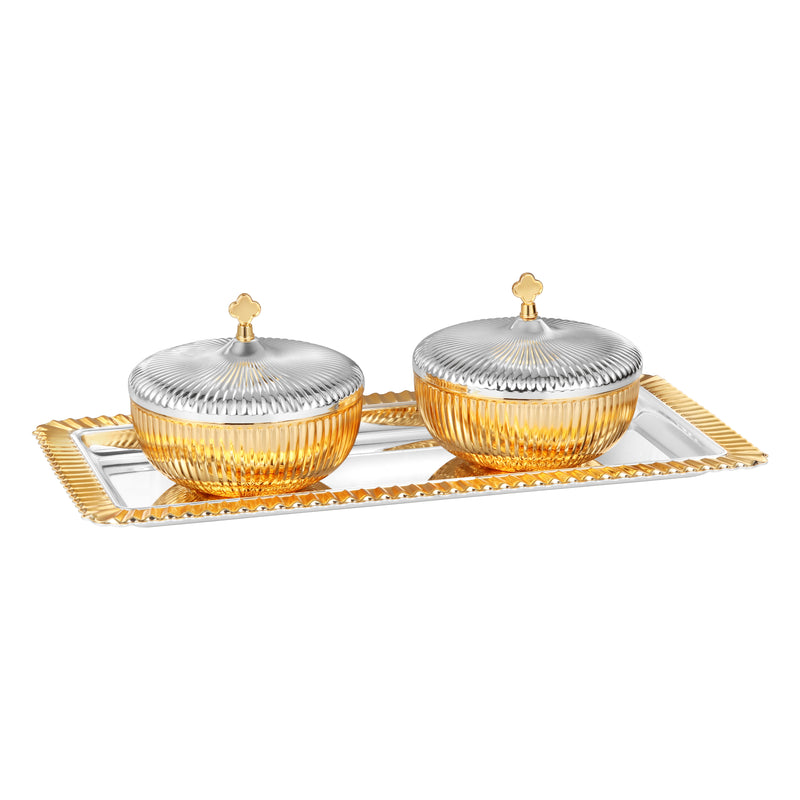 Set of 2 Fluted Round Design Bowl with Strip Tray Medium