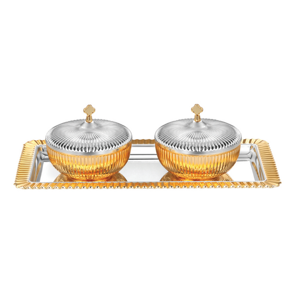 Set of 2 Fluted Round Design Bowl with Strip Tray Medium