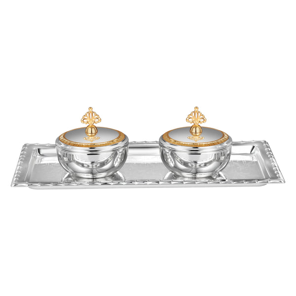 Set of 2 Crown Bowl with Silver Rectangle Design Tray Small