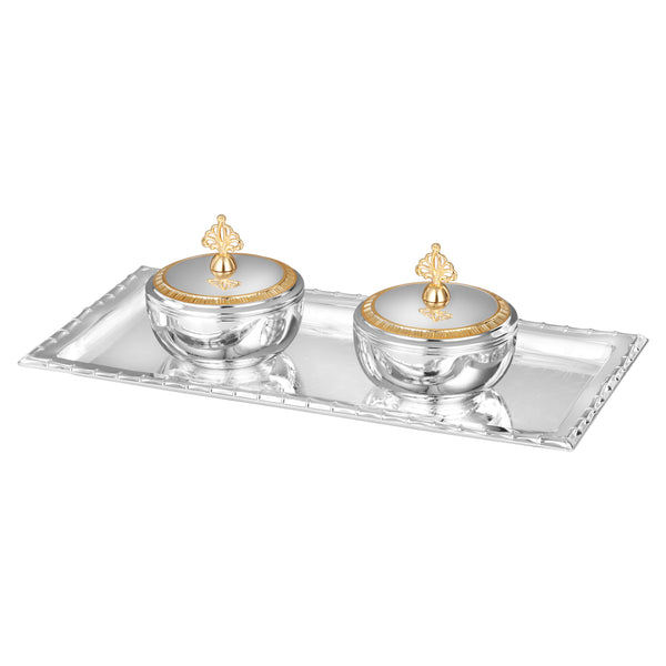 Set of 2 Crown Bowl with Silver Rectangle Design Tray Small