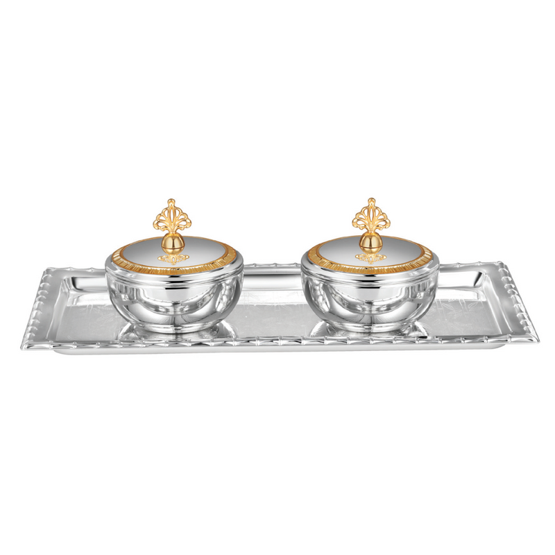 Set of 2 Crown Bowl with Silver Rectangle Design Tray Small