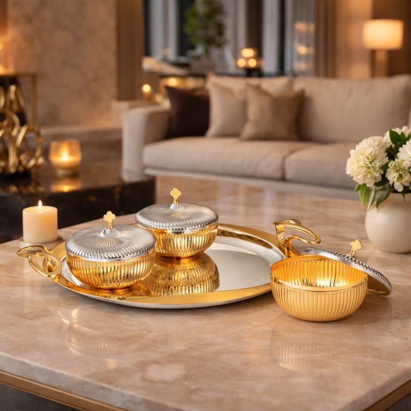 Set Of 3 Fluted Round Bowl with Tray Dual Tone Medium