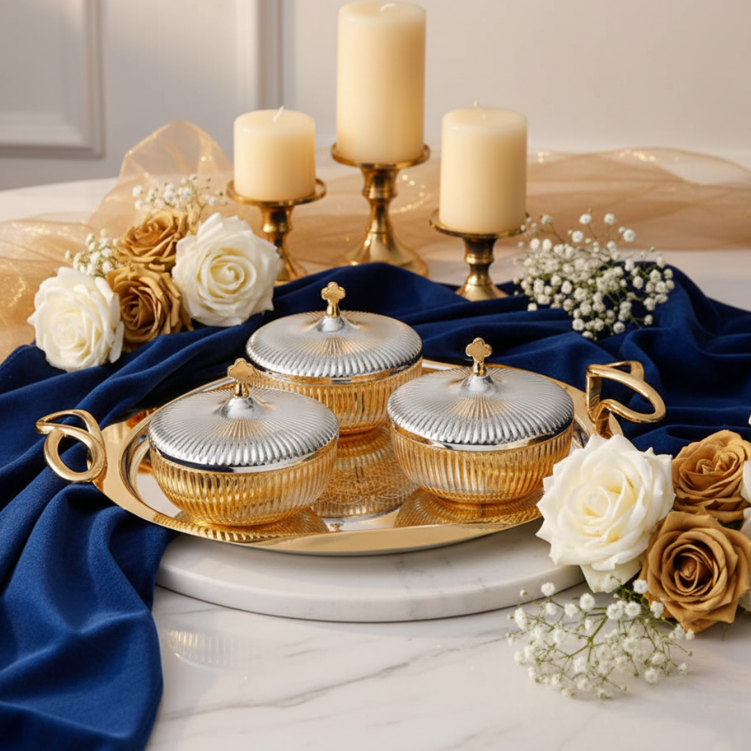 Set Of 3 Fluted Round Bowl with Tray Dual Tone Medium