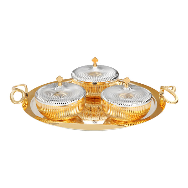 Set Of 3 Fluted Round Bowl with Tray Dual Tone Medium