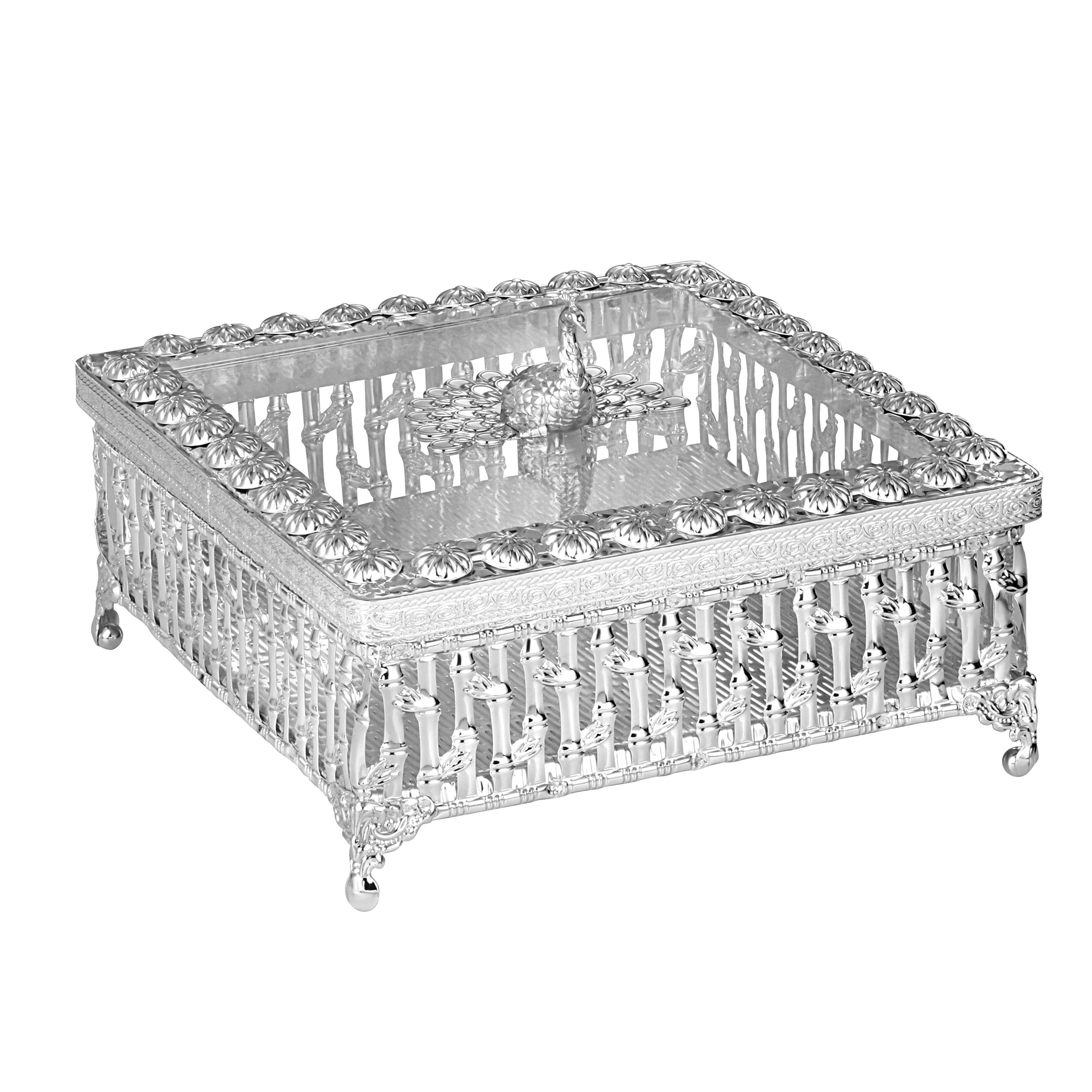 Peacock Lid Square Laddu Box Silver