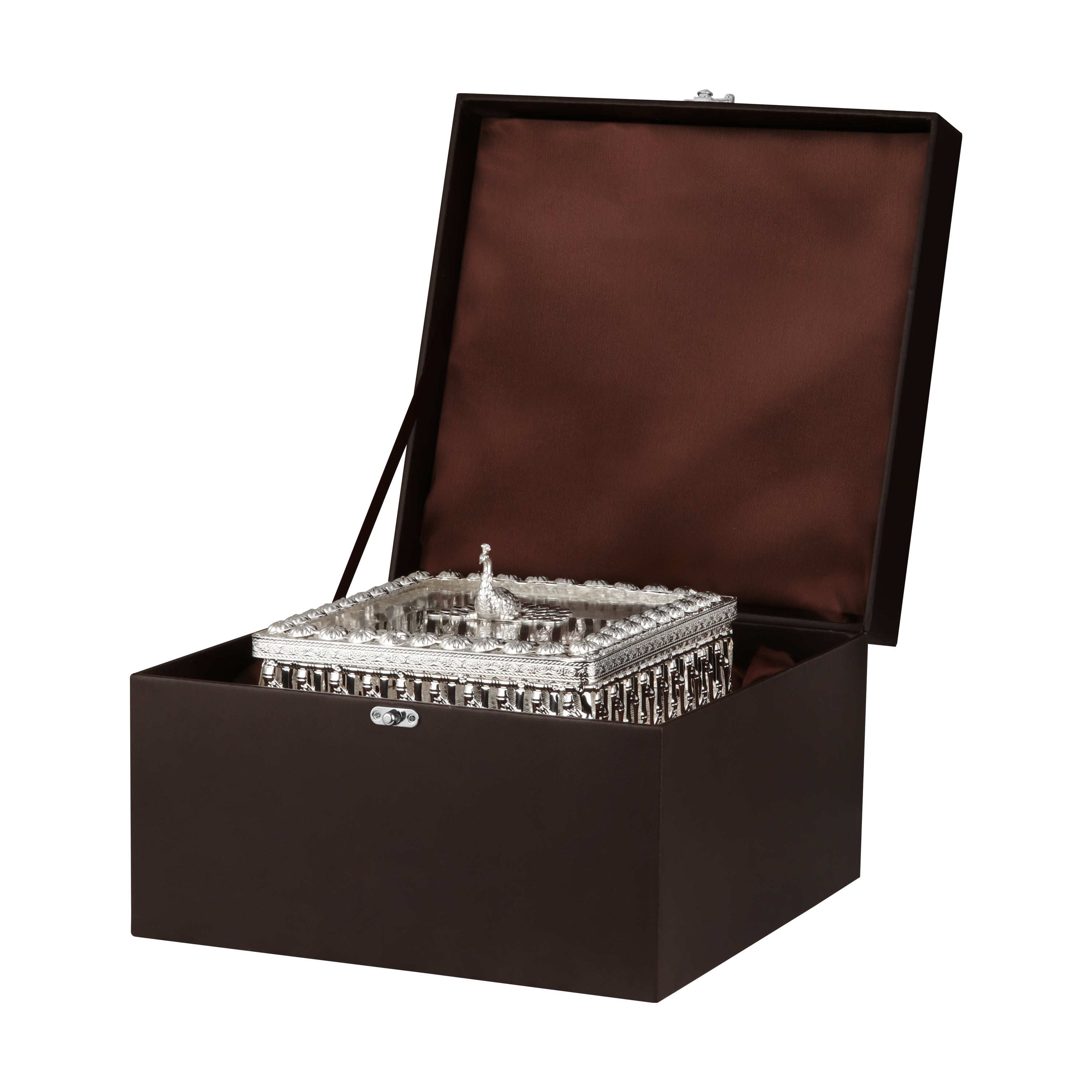 Peacock Lid Square Laddu Box Silver