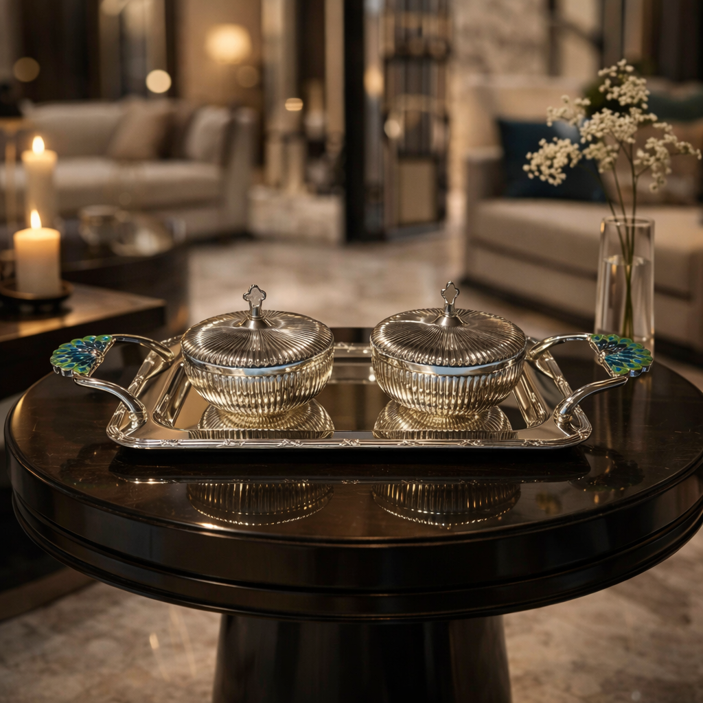 Rectangle Tray with Peacock Handle With Fluted Round Design Bowl Silver Small