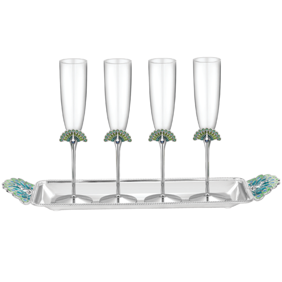 Set of 4 Peacock Glasses with Tray