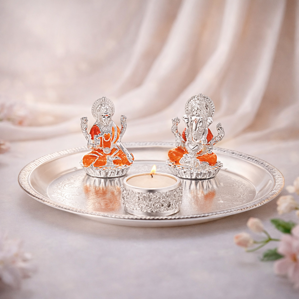 Puja thali with lakshmi ganesha on chowki & tea light.