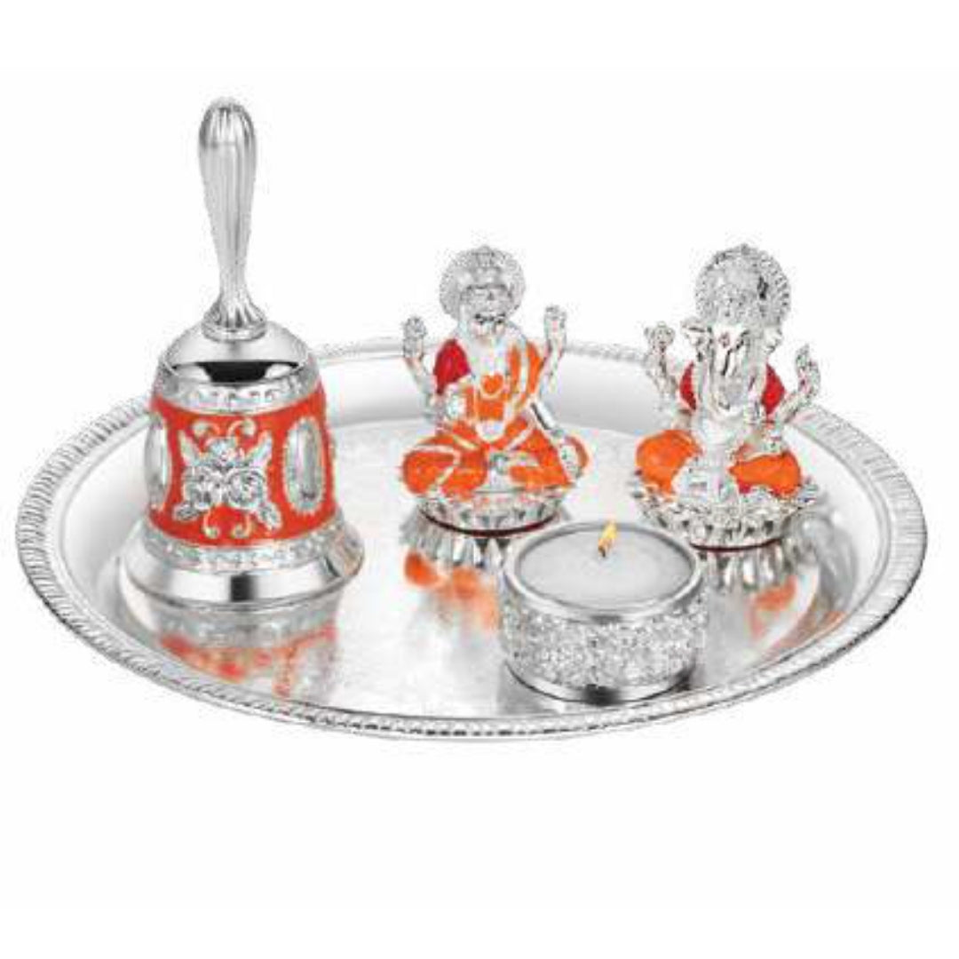 Puja Thali with New Lotus Laxmi Ganesh, Tea Light & Bell Colored