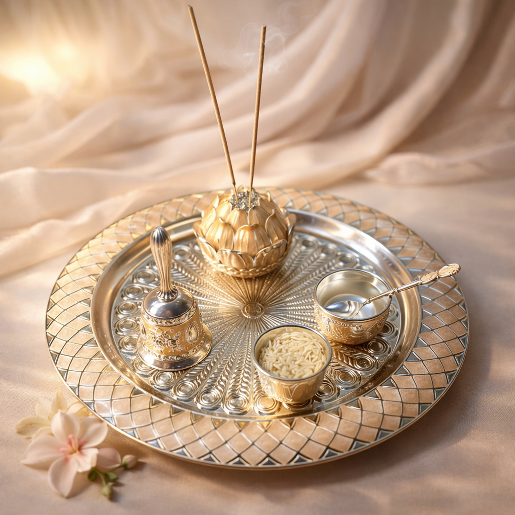 Pastel Puja Thali with peacock round tray