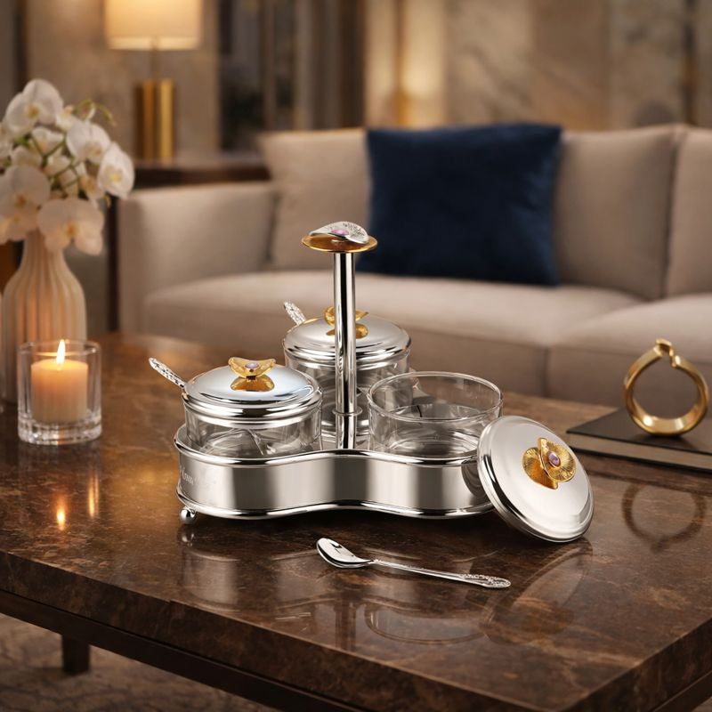 Regal Treasure Trio Glass Bowls with Lids & Spoons Dual Tone