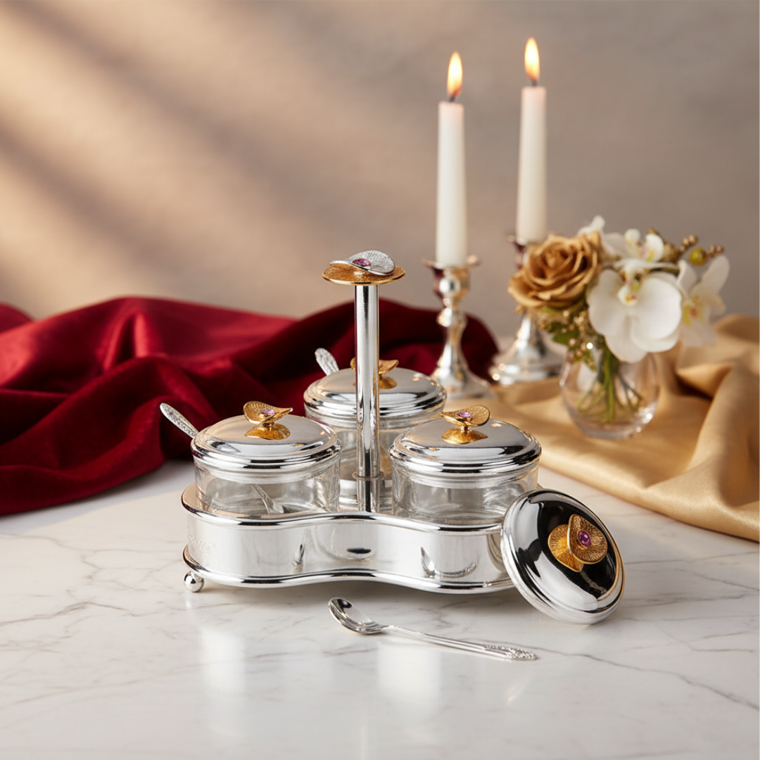 Regal Treasure Trio Glass Bowls with Lids & Spoons Dual Tone
