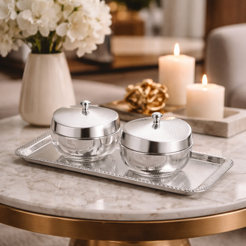 Set of 2 Honeycomb Bowl with Royal Weave Tray Silver Medium