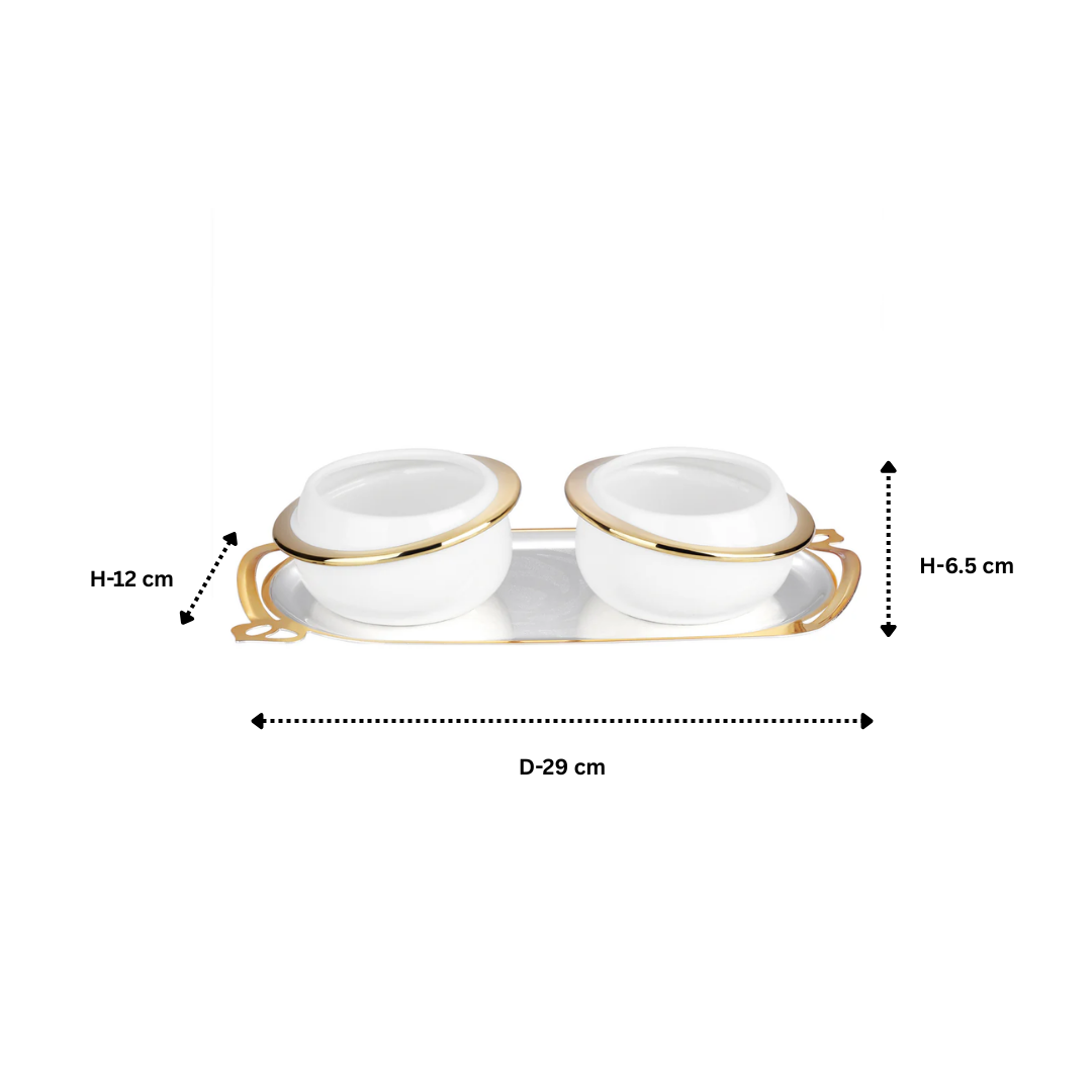 Set of 2 Sweet Pot with Cutwork Oval Tray Dual Tone