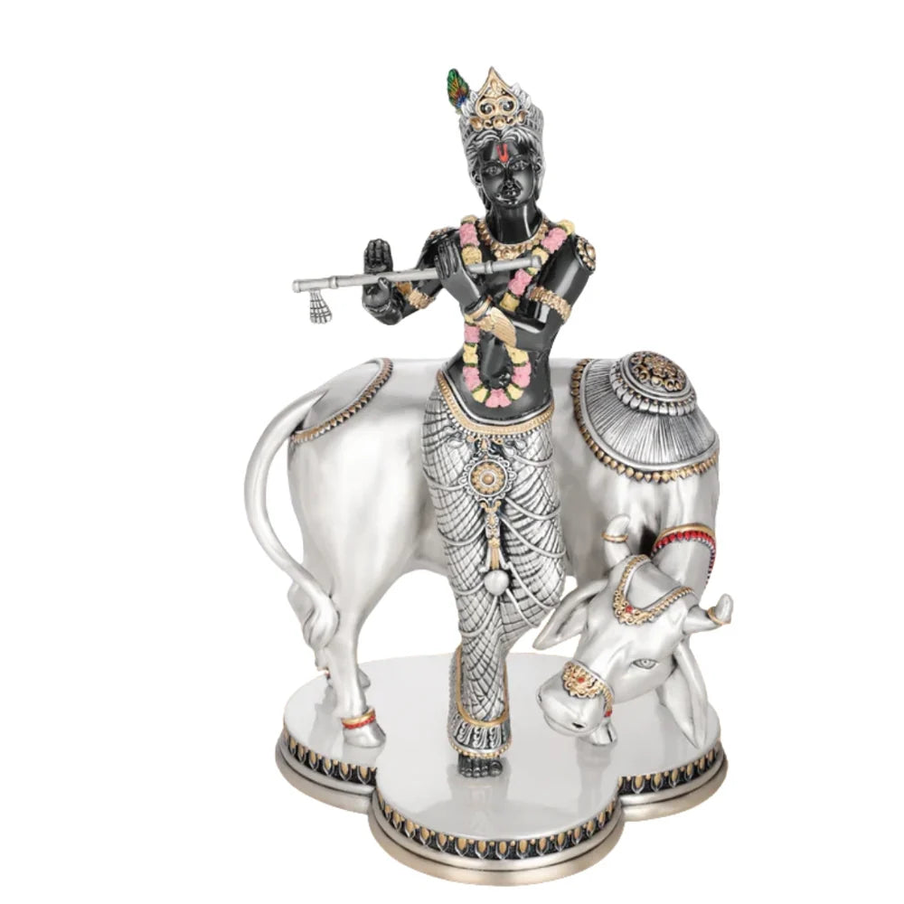 Shree Krishna Govardhan Gopal Silver Idol with Cow