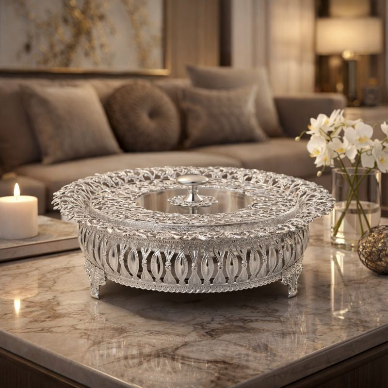 Flora Round Lid Basket Silver