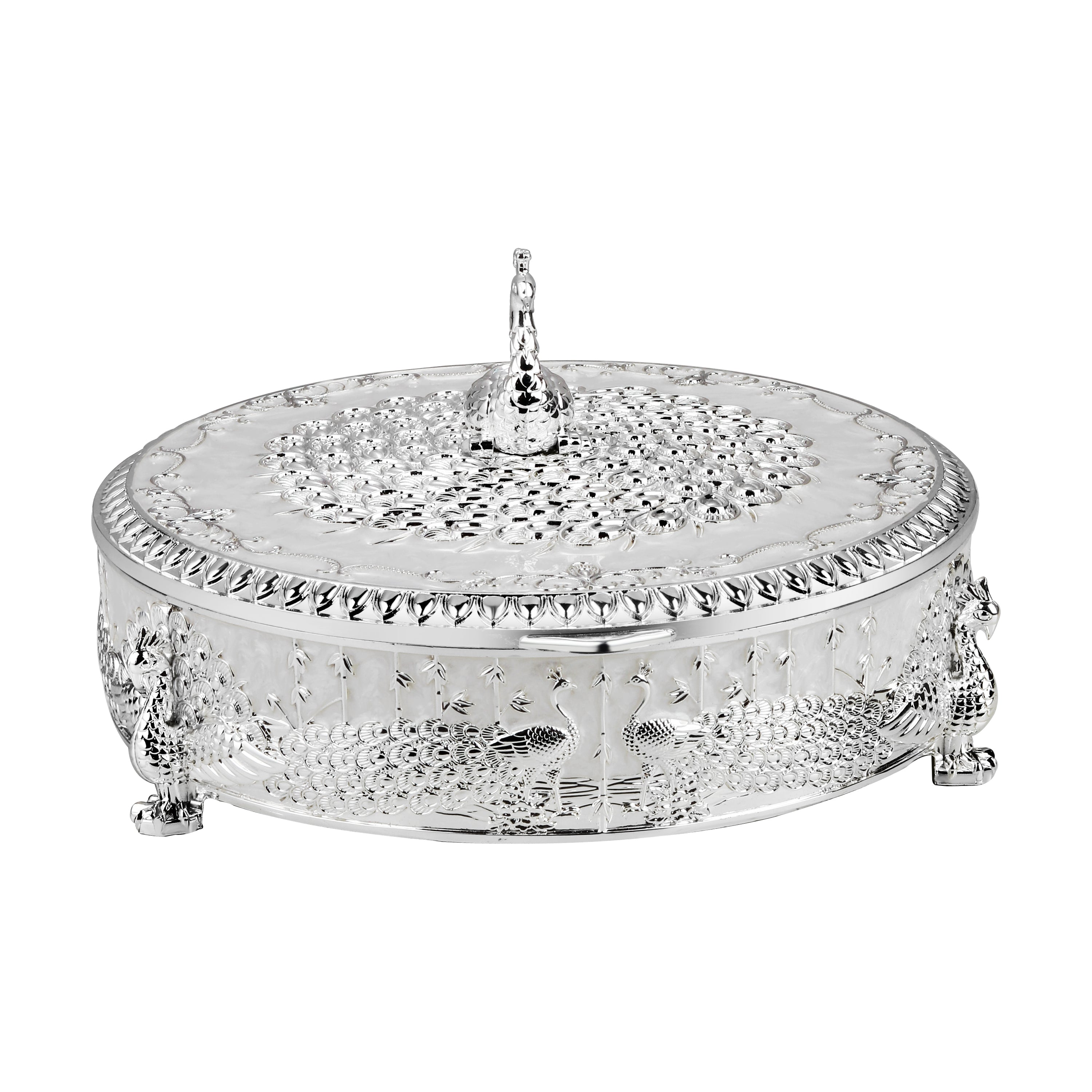 Peacock Round Enamel Dry Fruit Box White