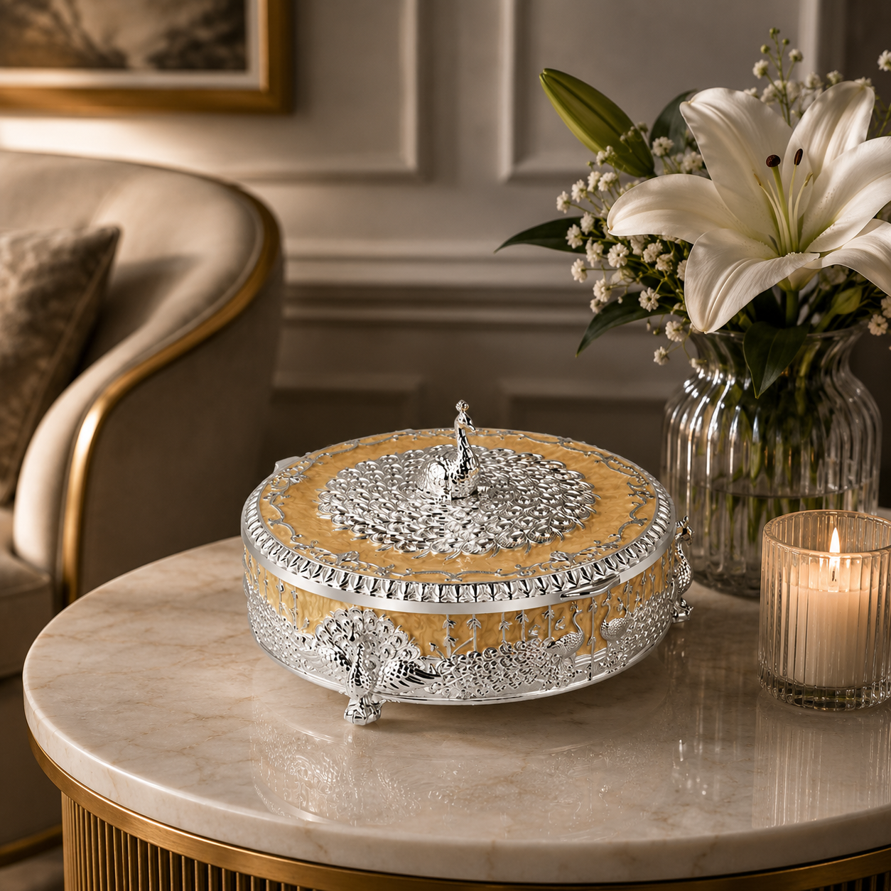 Peacock Round Enamel Dry Fruit Box
