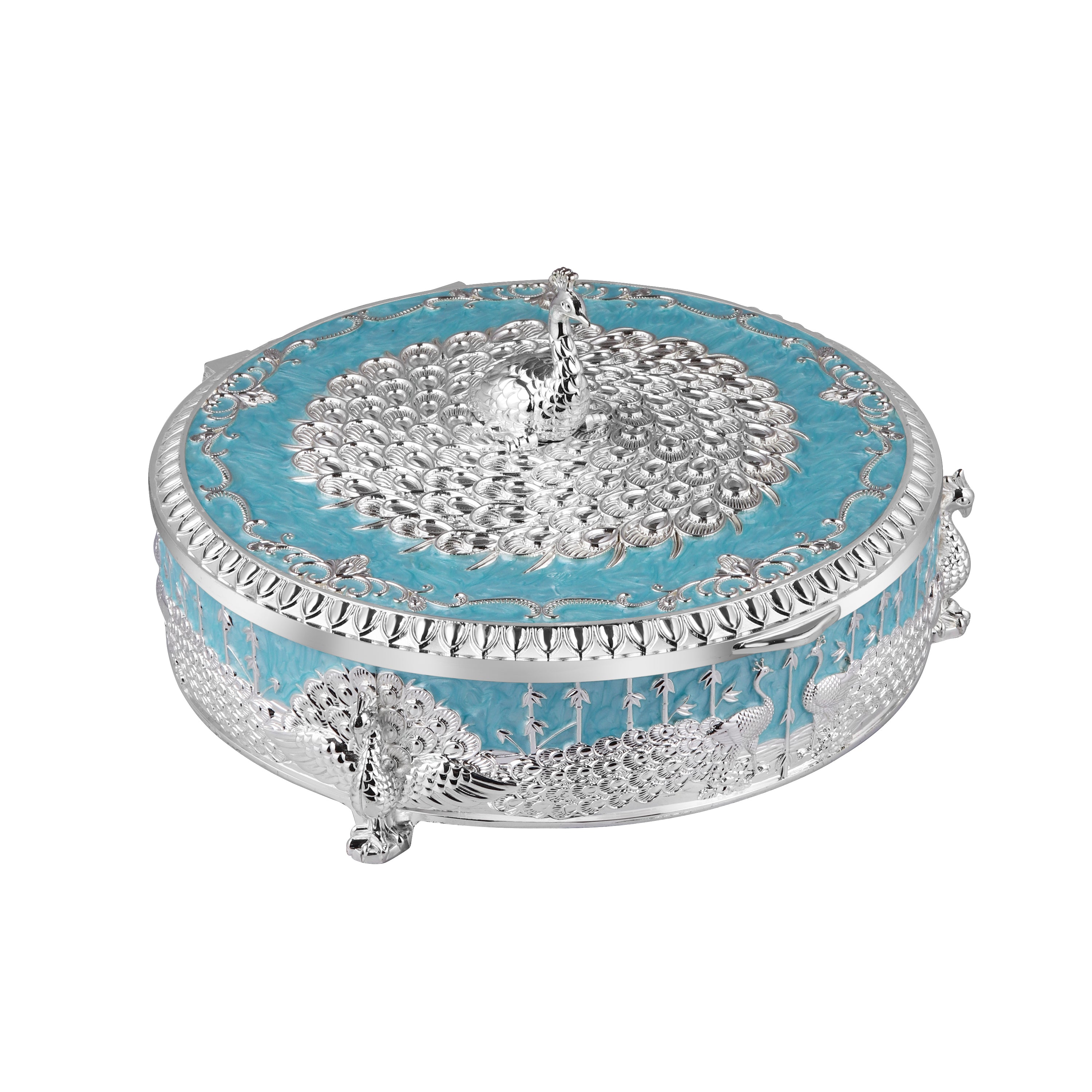 Peacock Round Enamel Dry Fruit Box White