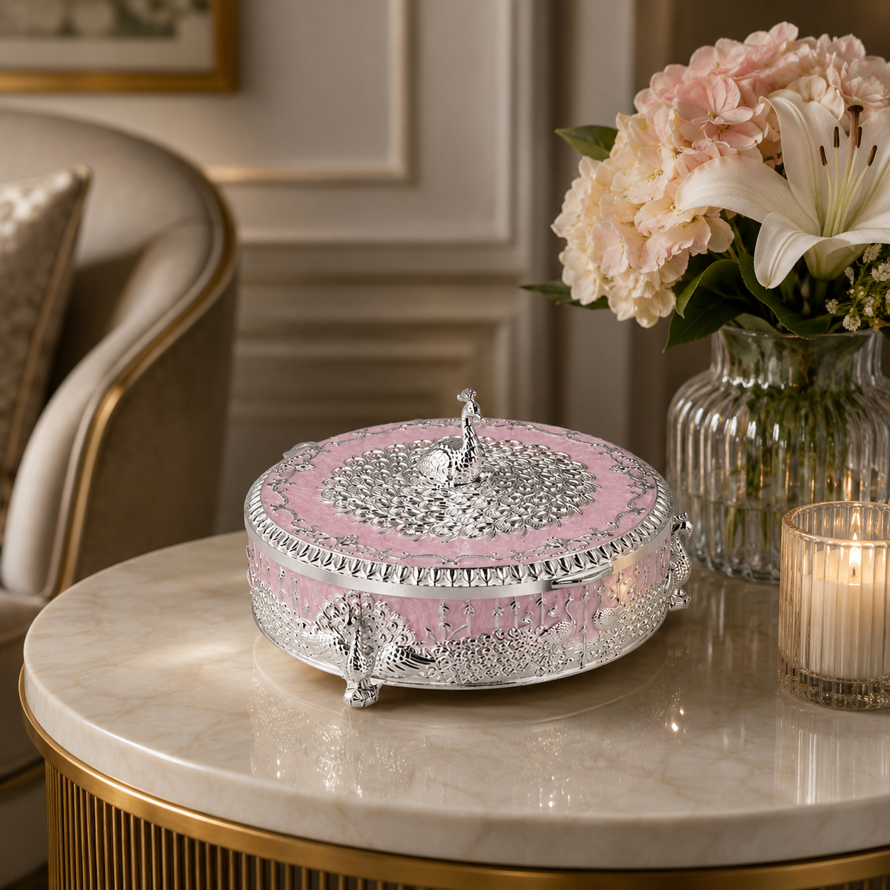 Peacock Round Enamel Dry Fruit Box