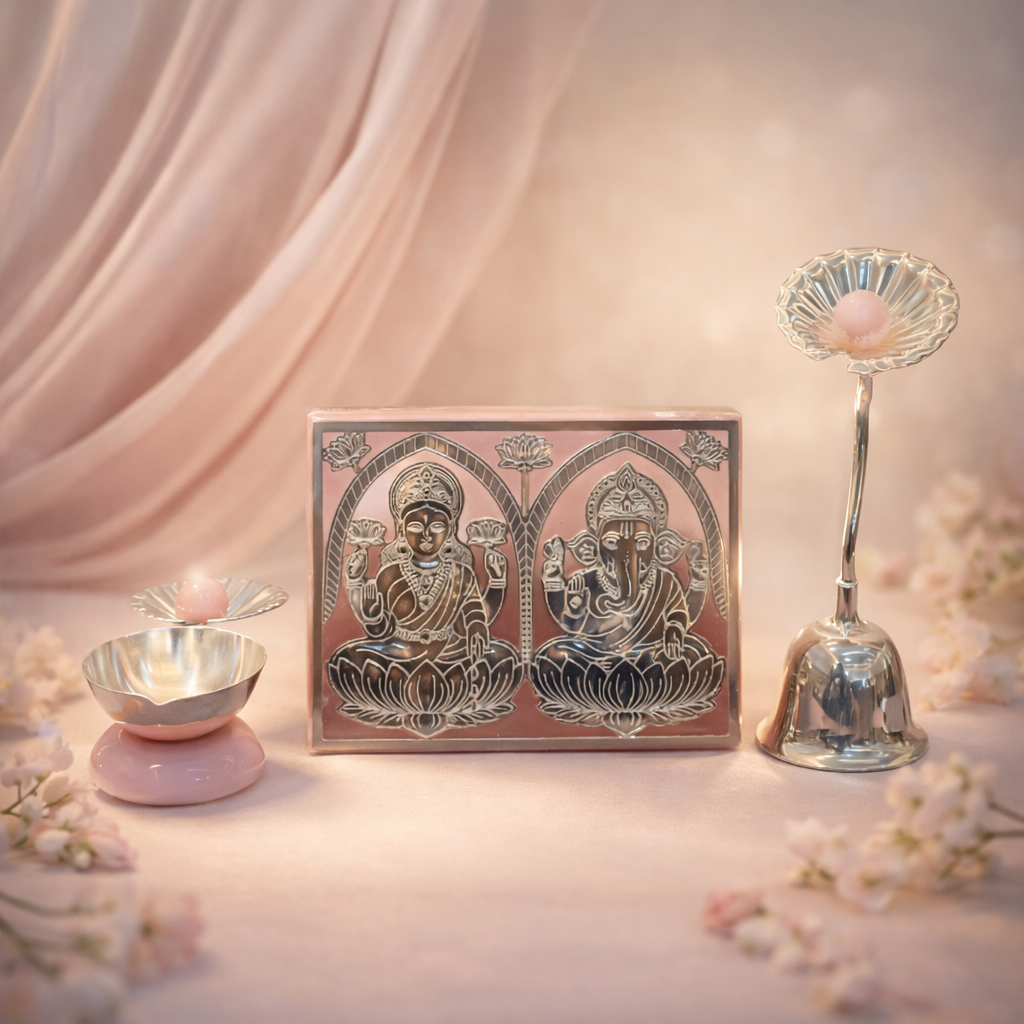 Laxmi Ganesha on Marble with Bell & Diya Pink