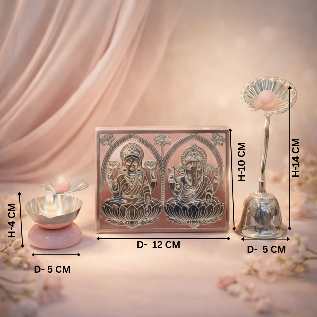 Laxmi Ganesha on Pink Marble Frame with Bell & Diya