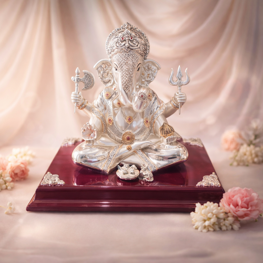 Dagdu Ganesha on Wooden Base Silver