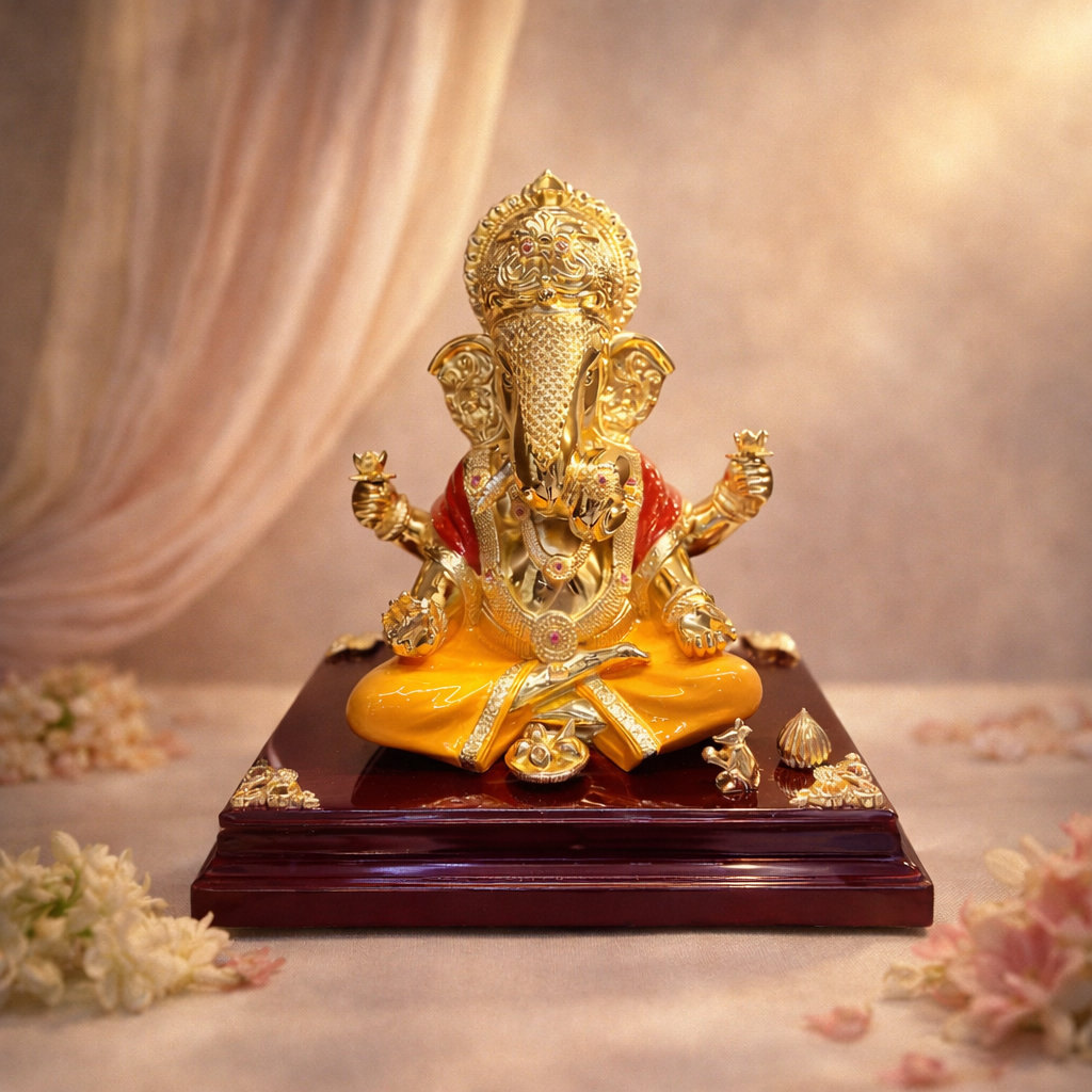 Dagdu Ganesha on Wooden Base Golden