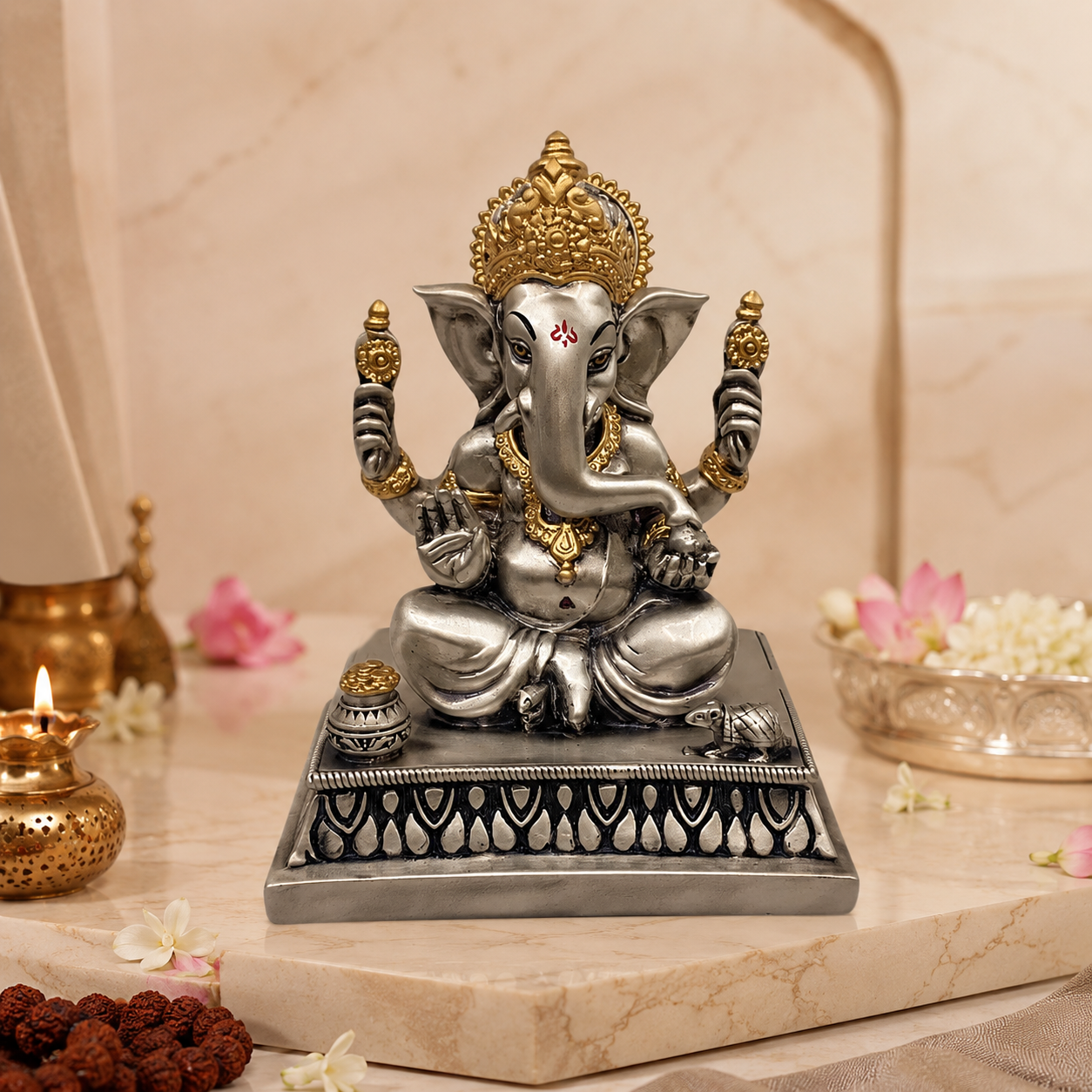 Divine Ganpati Idol with Ornate Crown & Four Arms