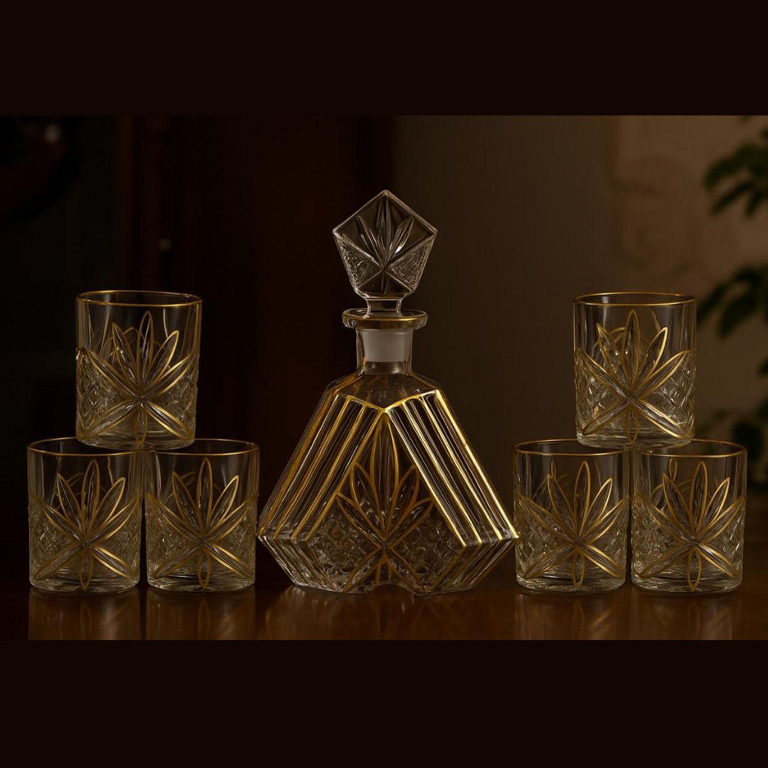 Lotus Design Glasses Set of 6 With Decanter