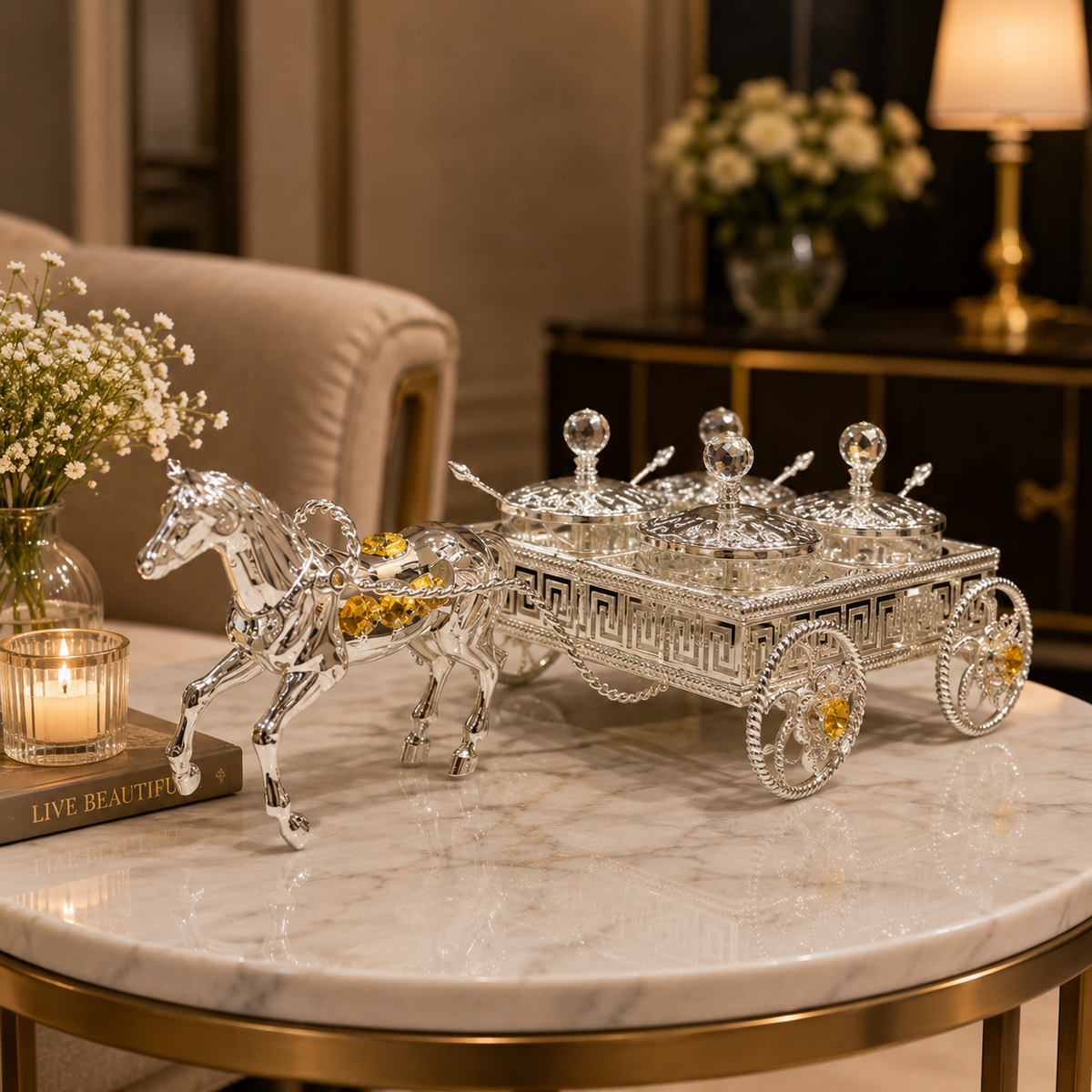Designer Horse Cart With 4 Dry Fruit Jars