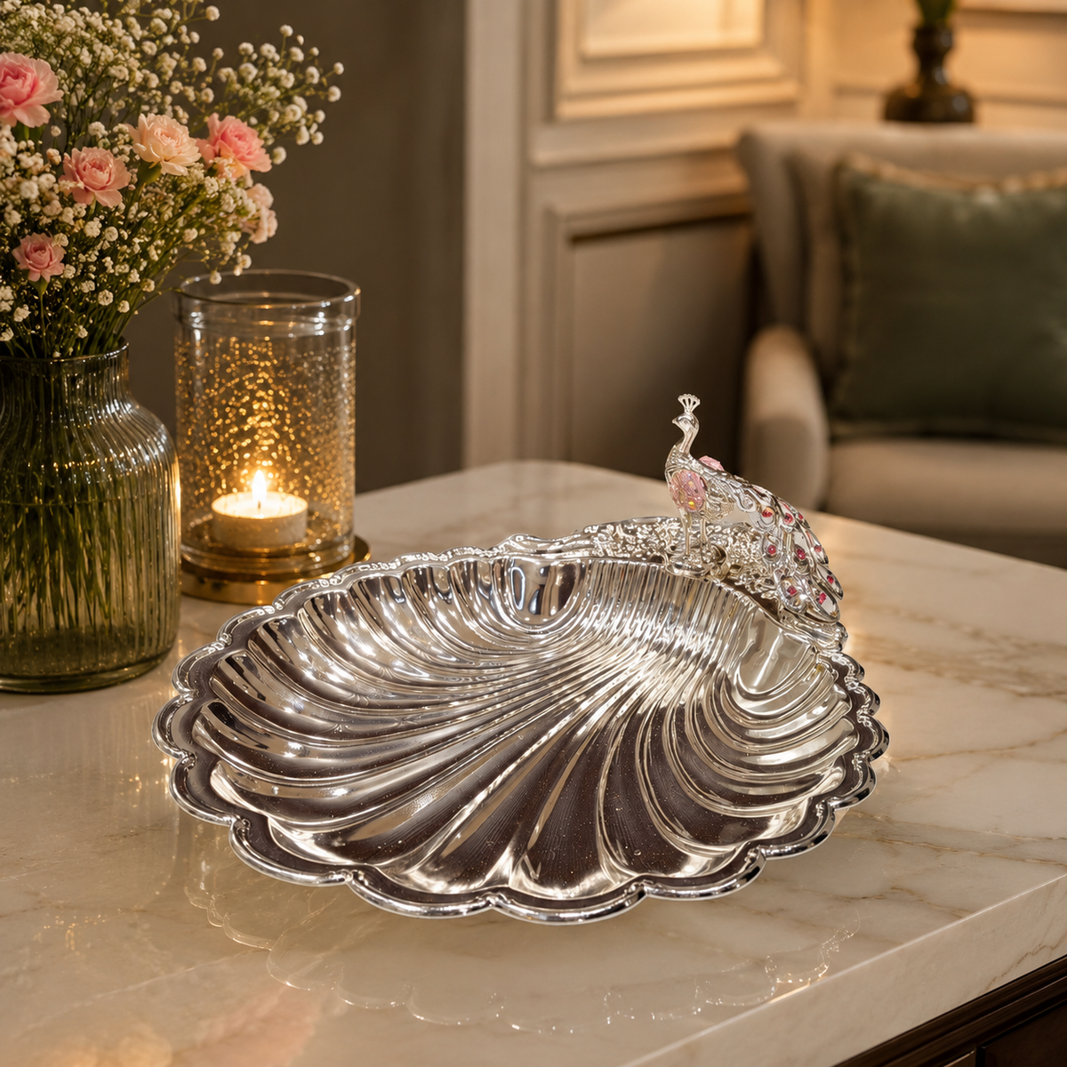 Sea Shell Platter With peacock Medium