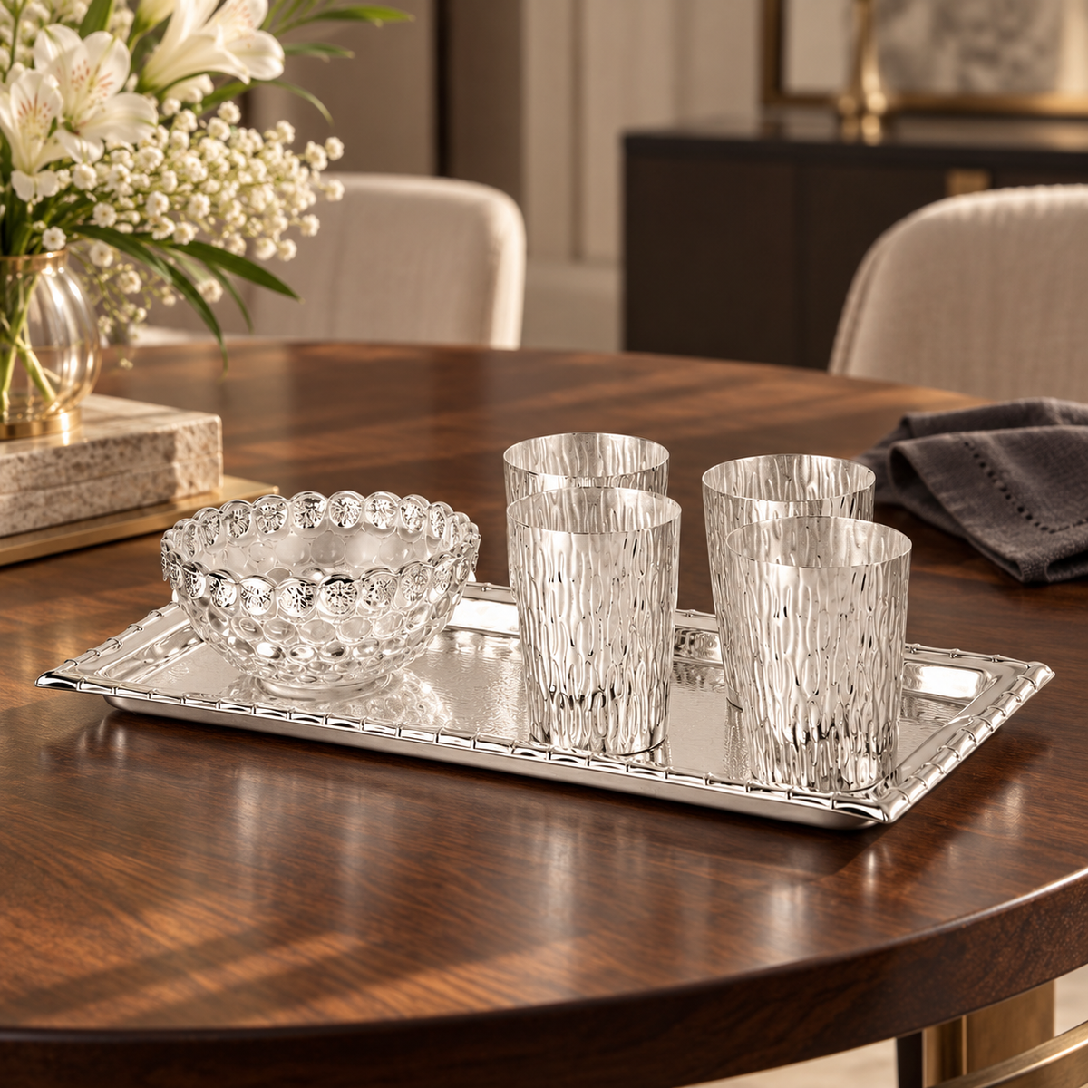Set of 4 Glasses with Crystal Bowl & Rectangle Tray