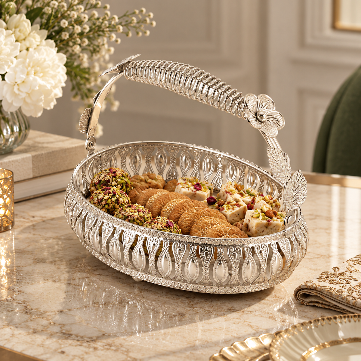 Rosalia Oval Handle Basket Silver