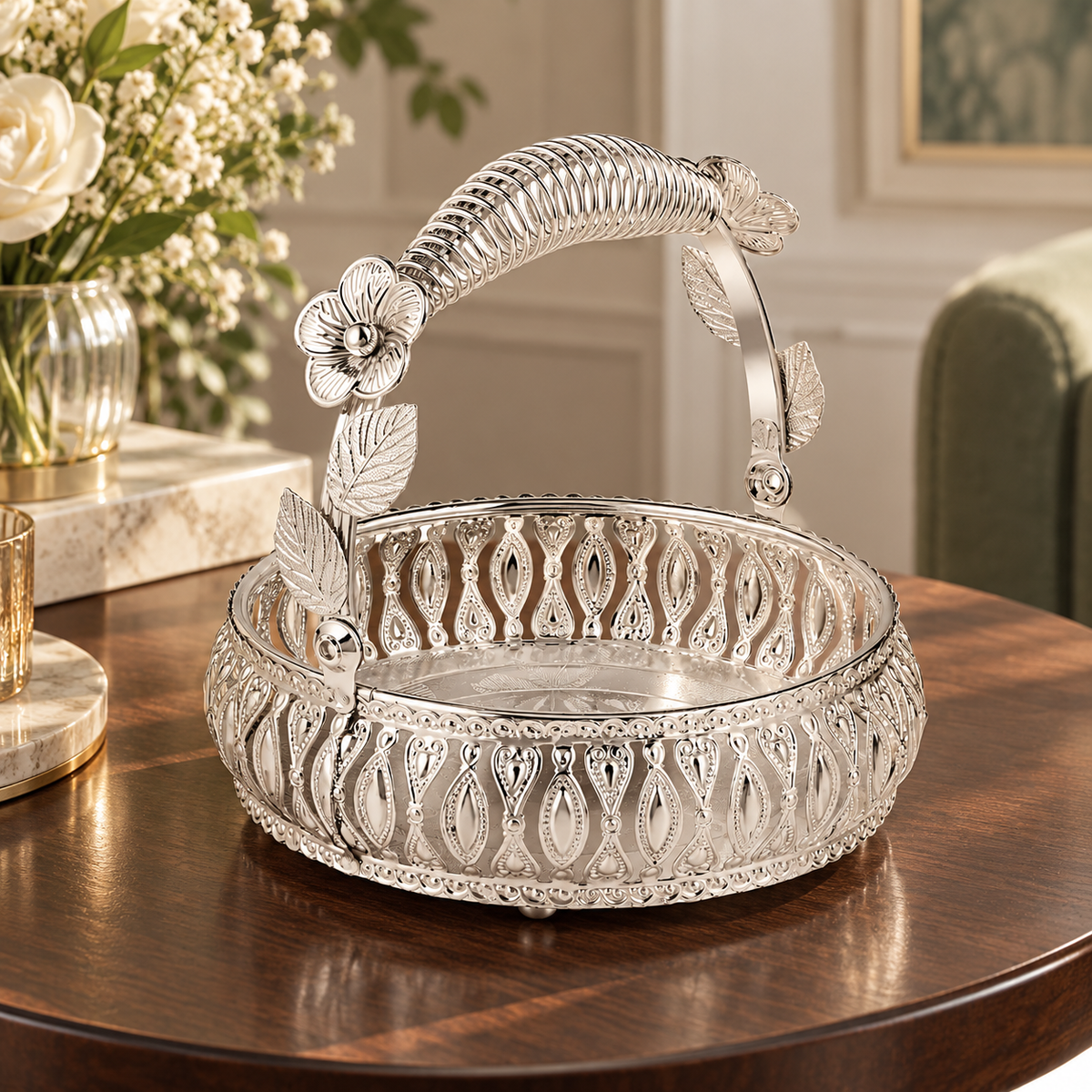 Rosalia Round Handle Basket Silver
