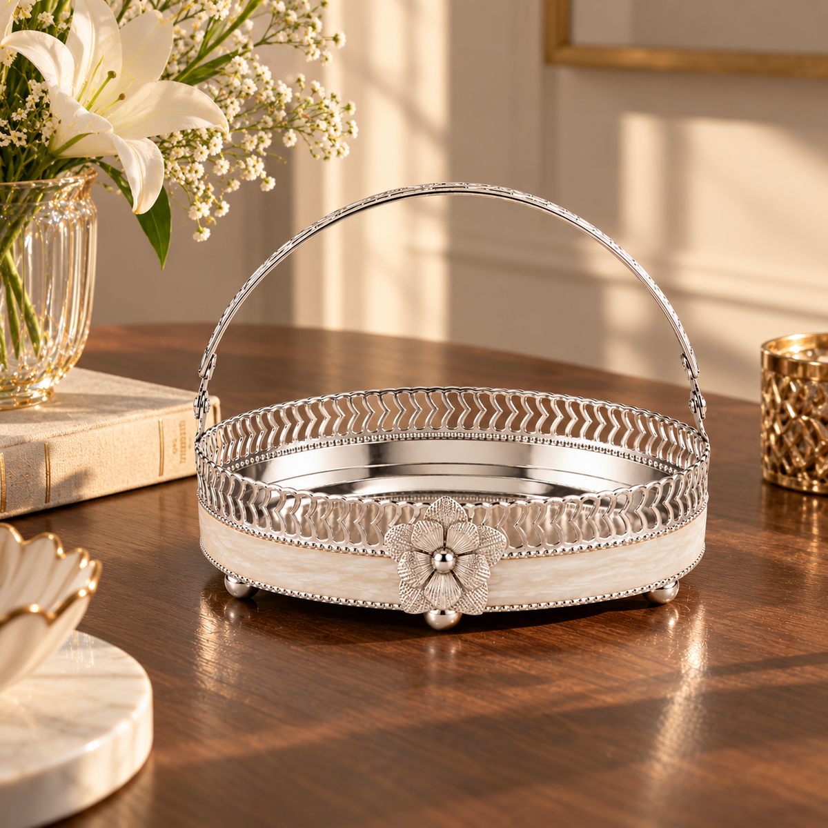 Majestic Bloom Oval Tray with Handle