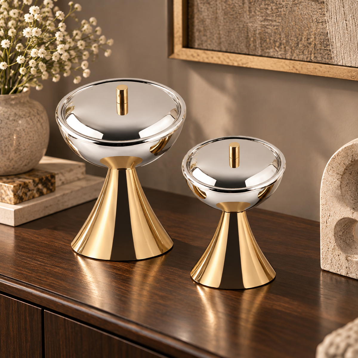 Opulent Covered Pedestal Serving Bowl Set Large & Medium