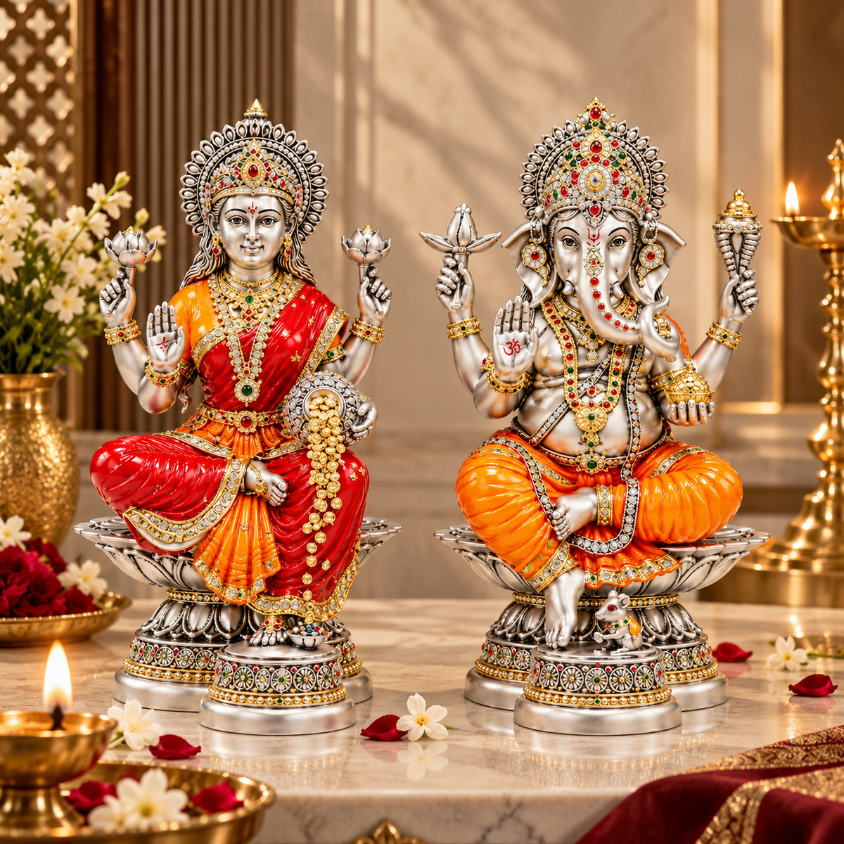 Sitting Laxmi Ganesha Colored