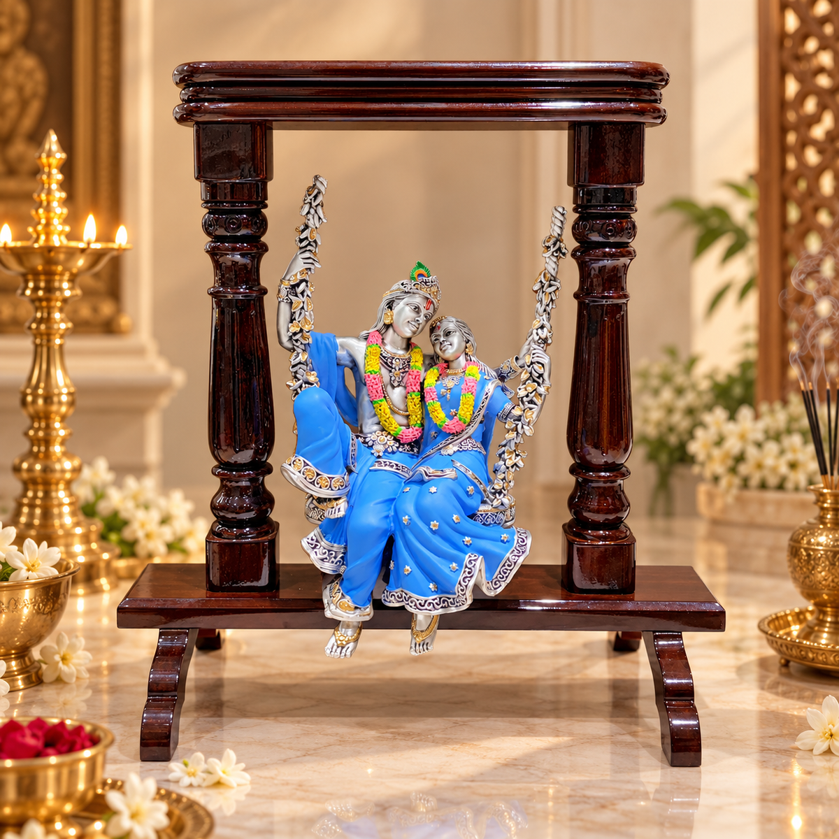 Radha Krishna on Wooden Swing Blue