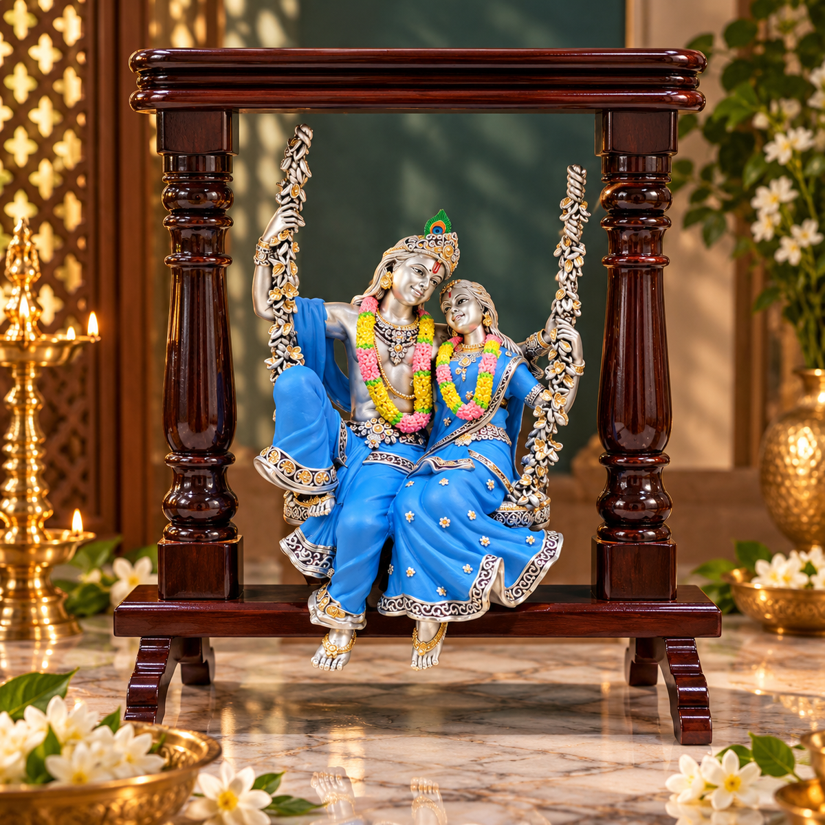 Radha Krishna on Wooden Swing Blue