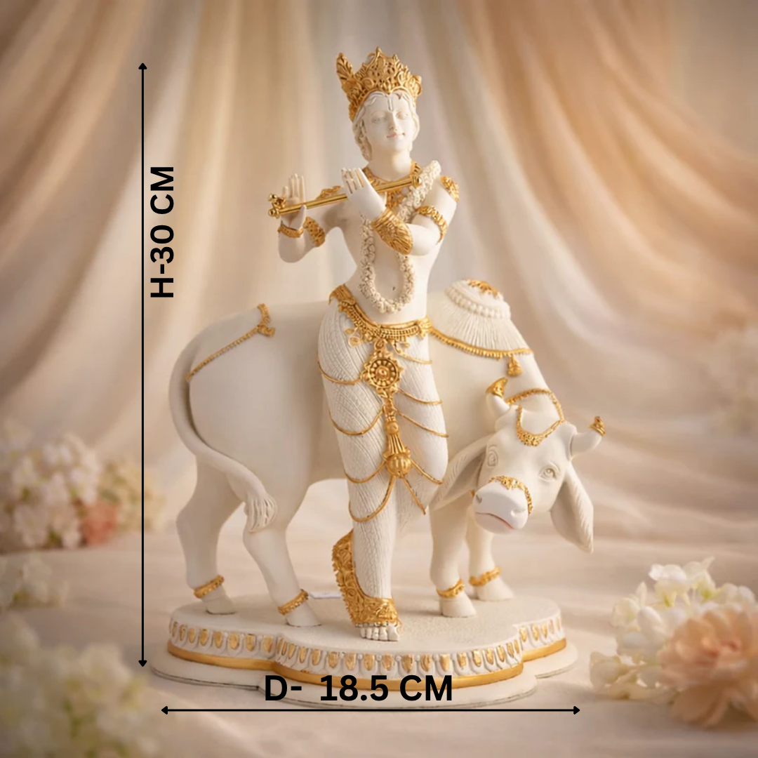 White Gold Krishna with Cow Idol