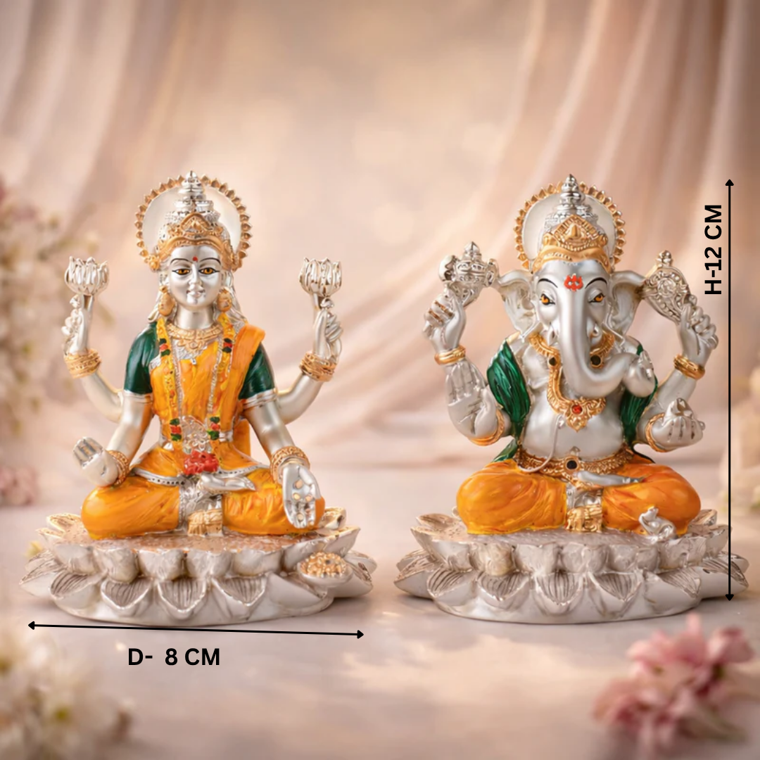 Shree Lakshmi Ganesh Silver Lotus Harmony Idol Set
