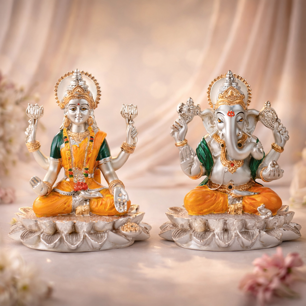 Lotus Laxmi Ganesha Set (h-13 cm)- Colored